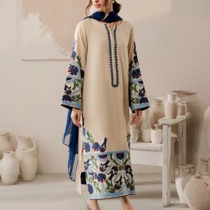 Embroidered Beige Pakistani embroidered Dress with Beige pants 2 piece